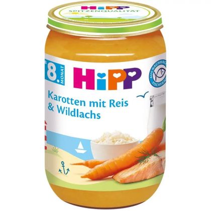 Hipp Моркови с Ориз и дива Сьомга Био пюре 8м+