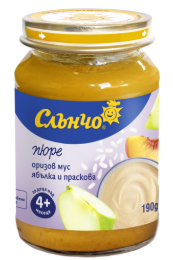 Слънчо оризов мус ябълка и праскова пюре 4м+