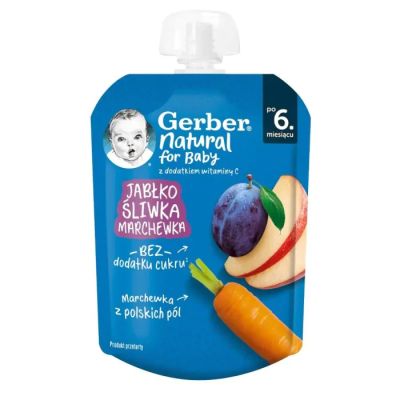 Nestle Gerber Пауч Плодова закуска с ябълка, сливи и моркови 6м+