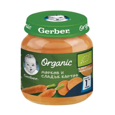 GERBER® Organic Храна за бебета Морков и сладък картоф пюре 6м+