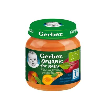 Gerber® Organic Храна за бебета Ябълка, кайсия, праскова пюре 6м+