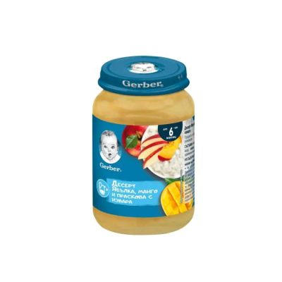Nestle Gerber Плодово пюре с ябълки, манго, праскови и извара 6м+