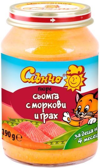 Слънчо Сьомга с моркови и грах  пюре 4м+