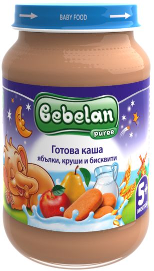 Bebelan Готова каша Ябълки, Круши и Бисквити пюре 5м+