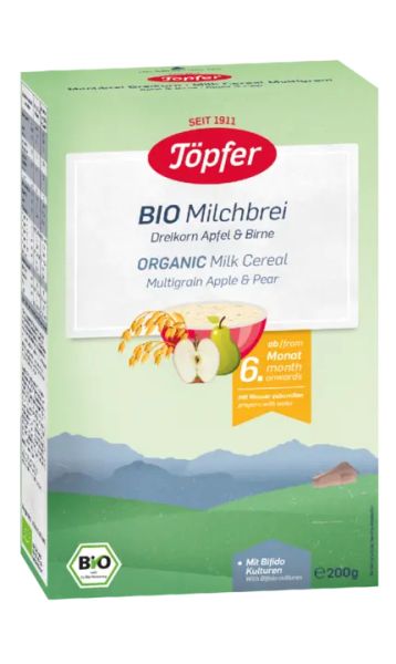 Topfer Bio Млечна аша с 3 вида зърна, Ябълка и Круша 6м+