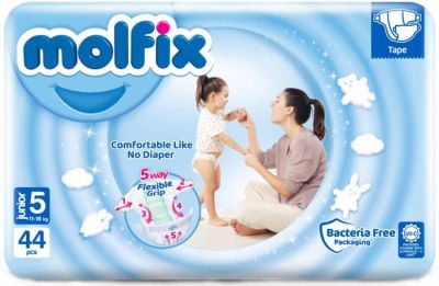Molfix размер 5 пелени 44 бр + подарък  мокри кърпички