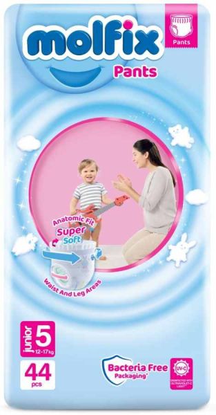 Molfix размер 5 гащи 44 бр + подарък мокри кърпички 