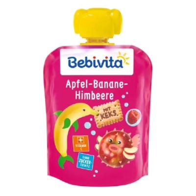 Bebivita плодов пауч ябълка, банан и малини с бисквити 12м+ 