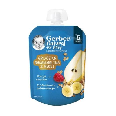 GERBER® пауч круша, банан, малина с мюсли 6м+