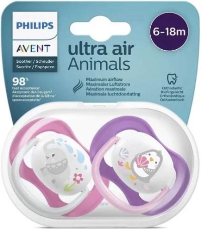Avent Ultra Air залъгалка за момиче слон и пингвин момиче 6-18м 2 бр