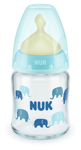 Nuk First Choice Temperature Control синьо бебешко шише стъкло с биберон каучук 0-6м 120мл