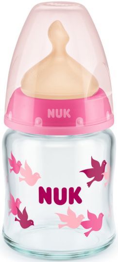 Nuk First Choice Temperature Control розово бебешко шише стъкло с биберон каучук 0-6м 120мл