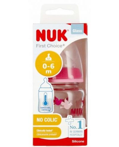 Nuk First Choice Temperature Control розово стъклено шише със силиконов биберон 0-6м 120мл