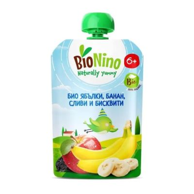 BioNino Био плодова закуска с ябълки, банан, сливи и бисквити 6м+
