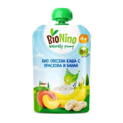 BioNino Био Плодова закуска с овесена каша ,праскова и банан 4м+