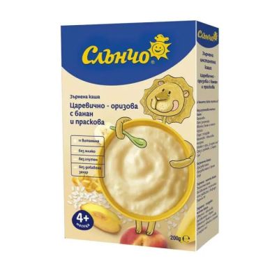 Слънчо безмлечна царевично-оризова каша с банан и праскова без глутен 4м+